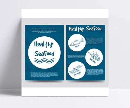 創(chuàng)意卡通海洋食品海報矢量素材 藍(lán)底,圓形,波浪,海鮮,魚類,蝦,手繪,矢量圖形,餐飲,美食,健康,廣告海報,矢量素材 難追難回菋